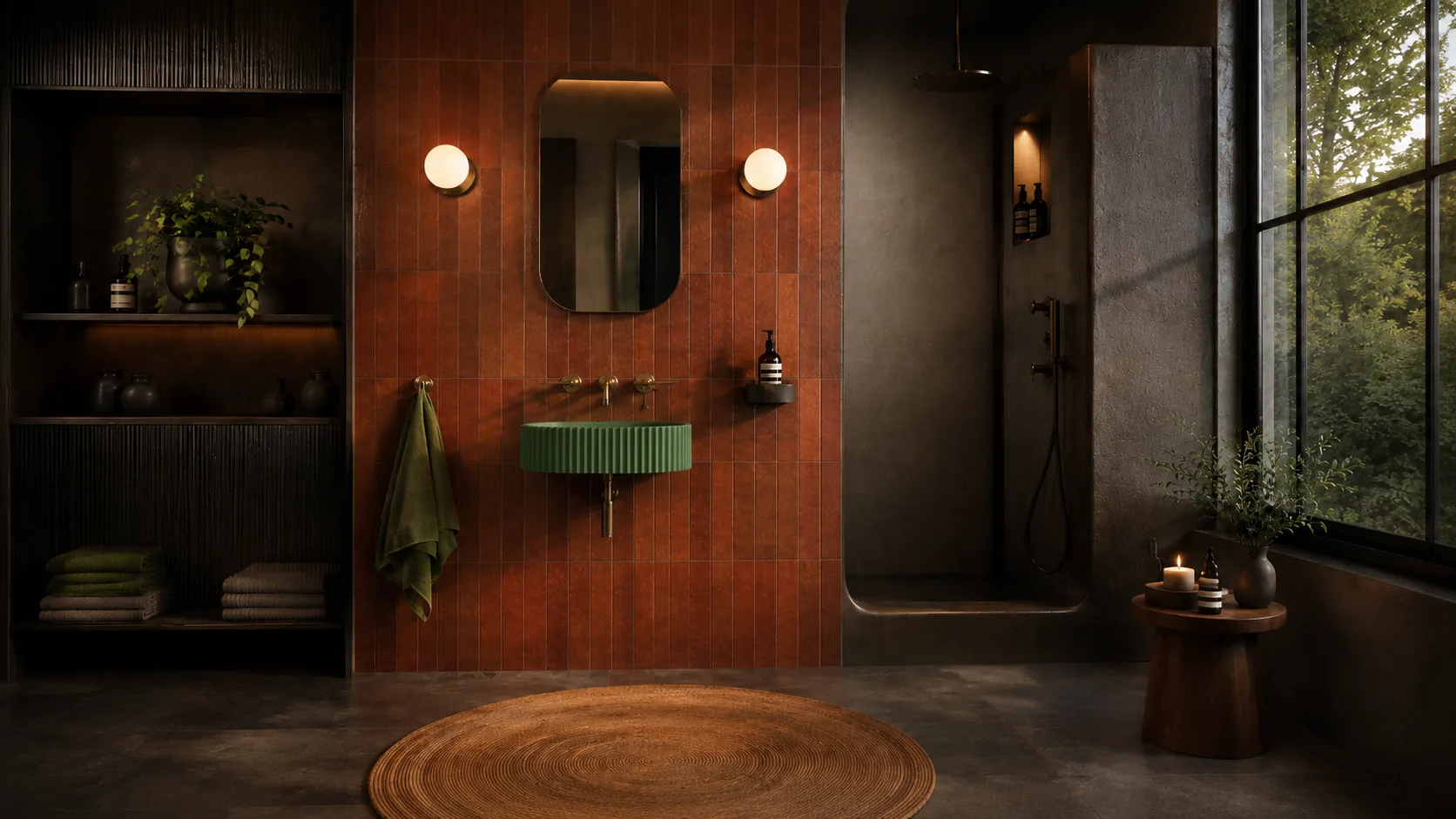 Fern green Geni wall-mounted concrete sink in a warm modern bathroom scene