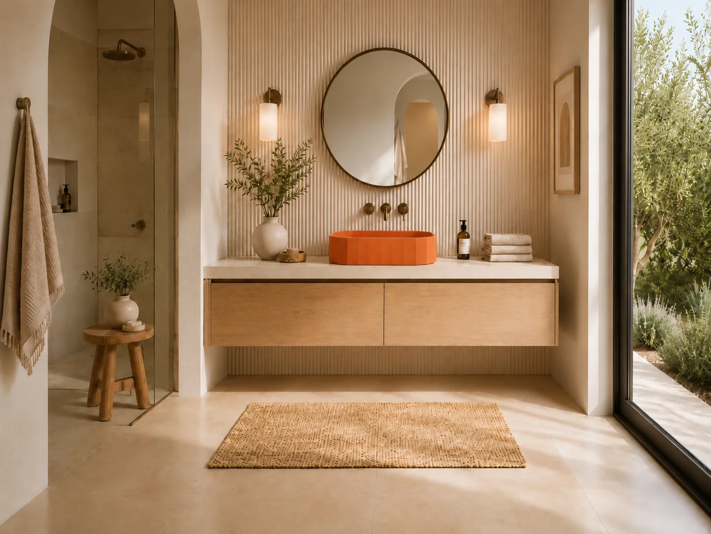 Fire red Clio Rec concrete vessel sink in a warm modern bathroom scene