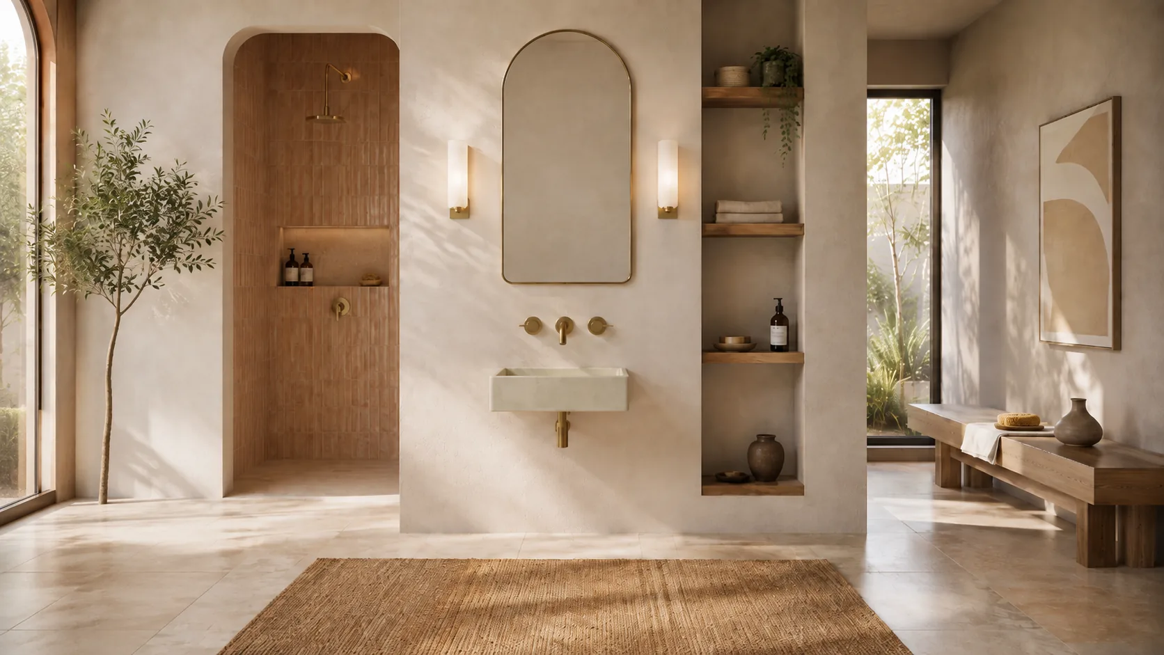 Oat white Lily Square wall-mounted concrete sink in a serene modern bathroom scene