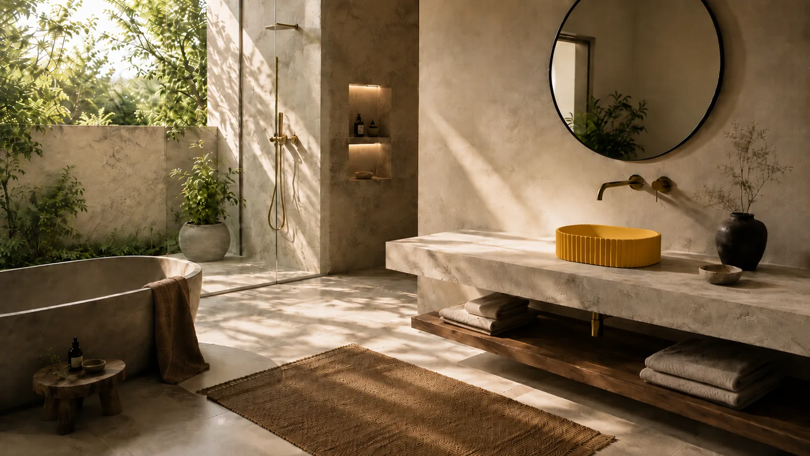 Sun yellow Geni concrete vessel sink on a marble vanity in a warm modern bathroom