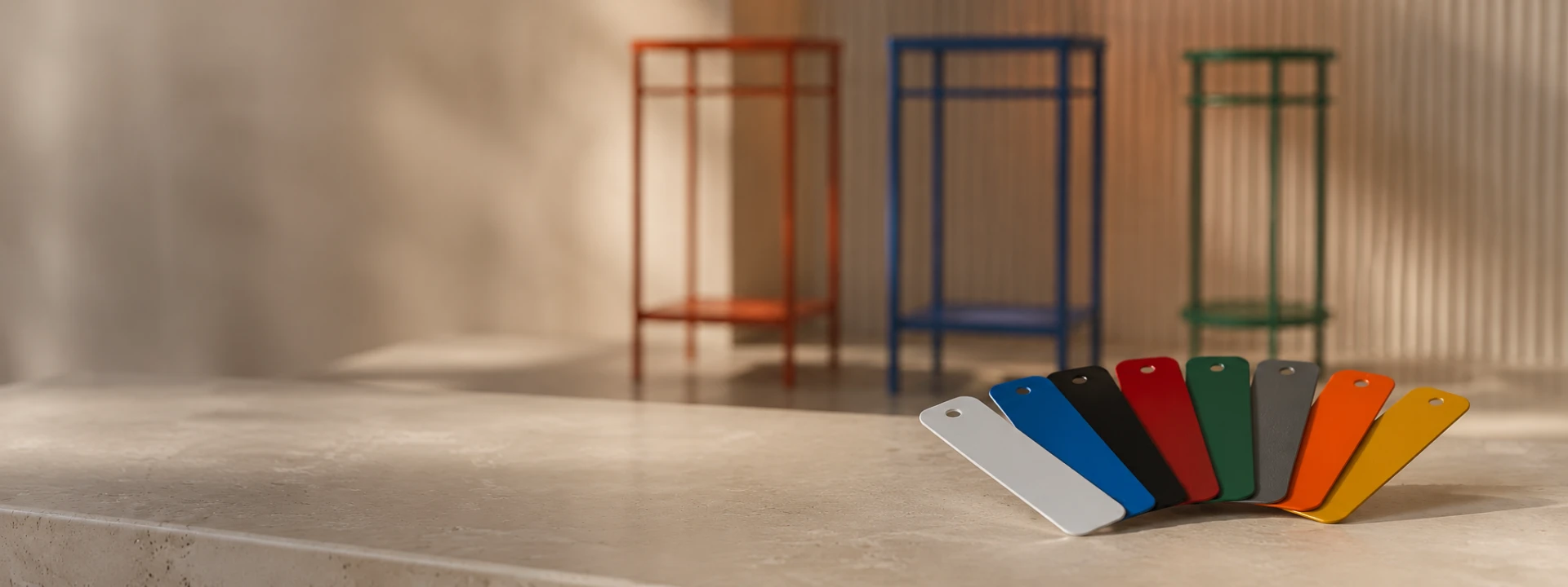 Powder-coated stand colour sample chips fanned out in front of coloured console stands