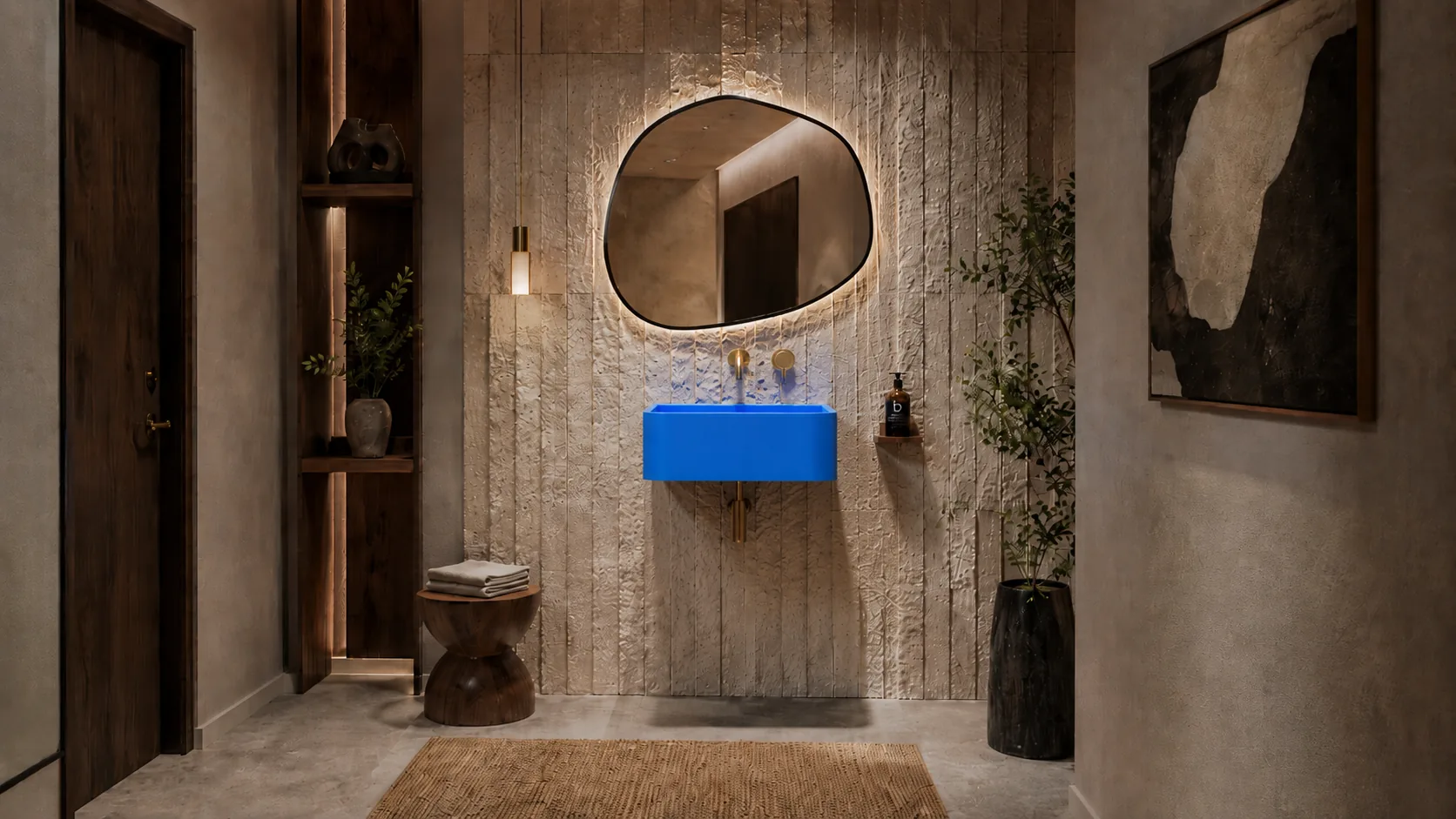 Bright blue Iris ADA wall-mounted concrete sink in a textured modern bathroom scene