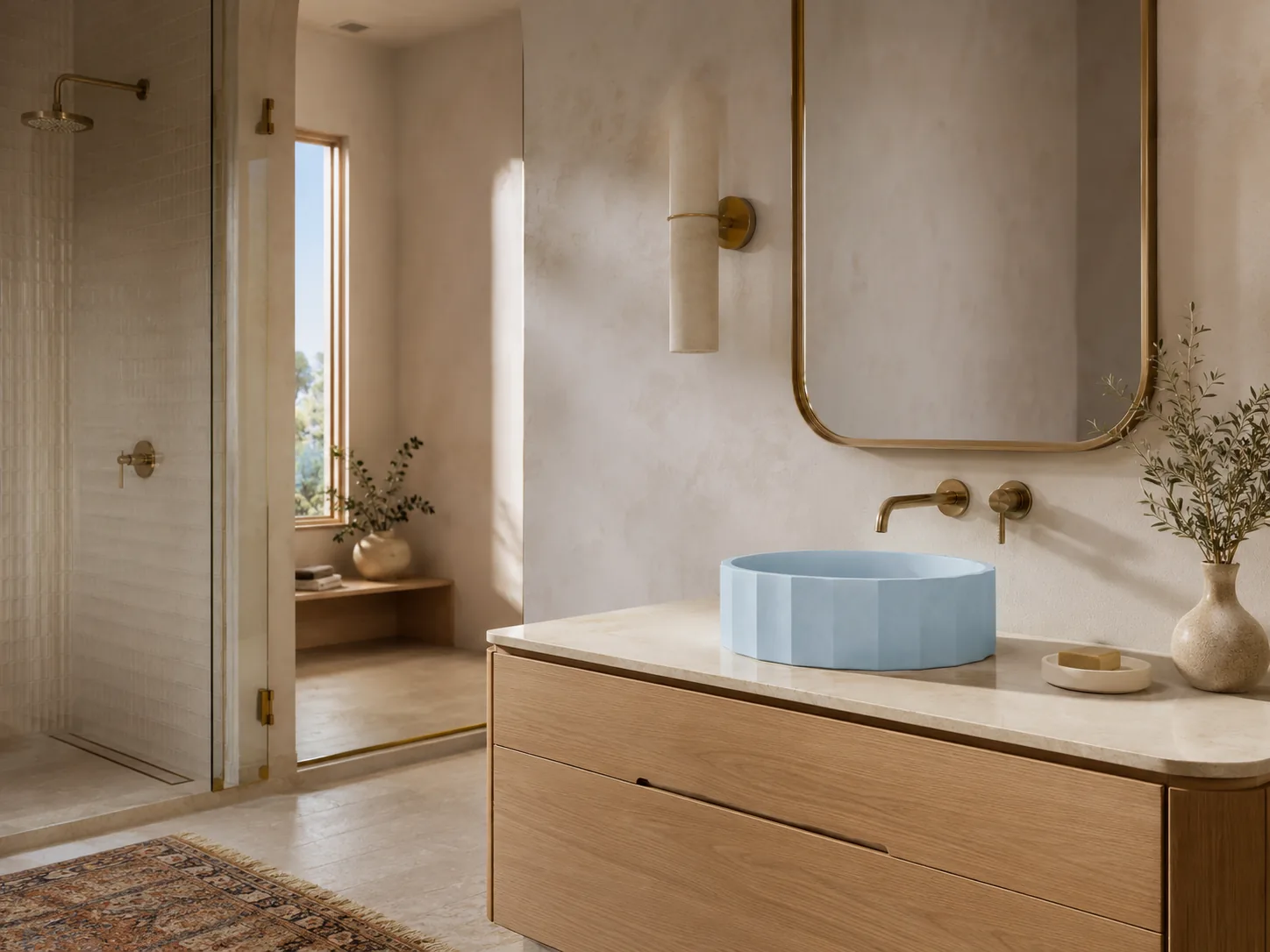 Arctic blue Clio concrete vessel sink on an oak vanity in a warm modern bathroom
