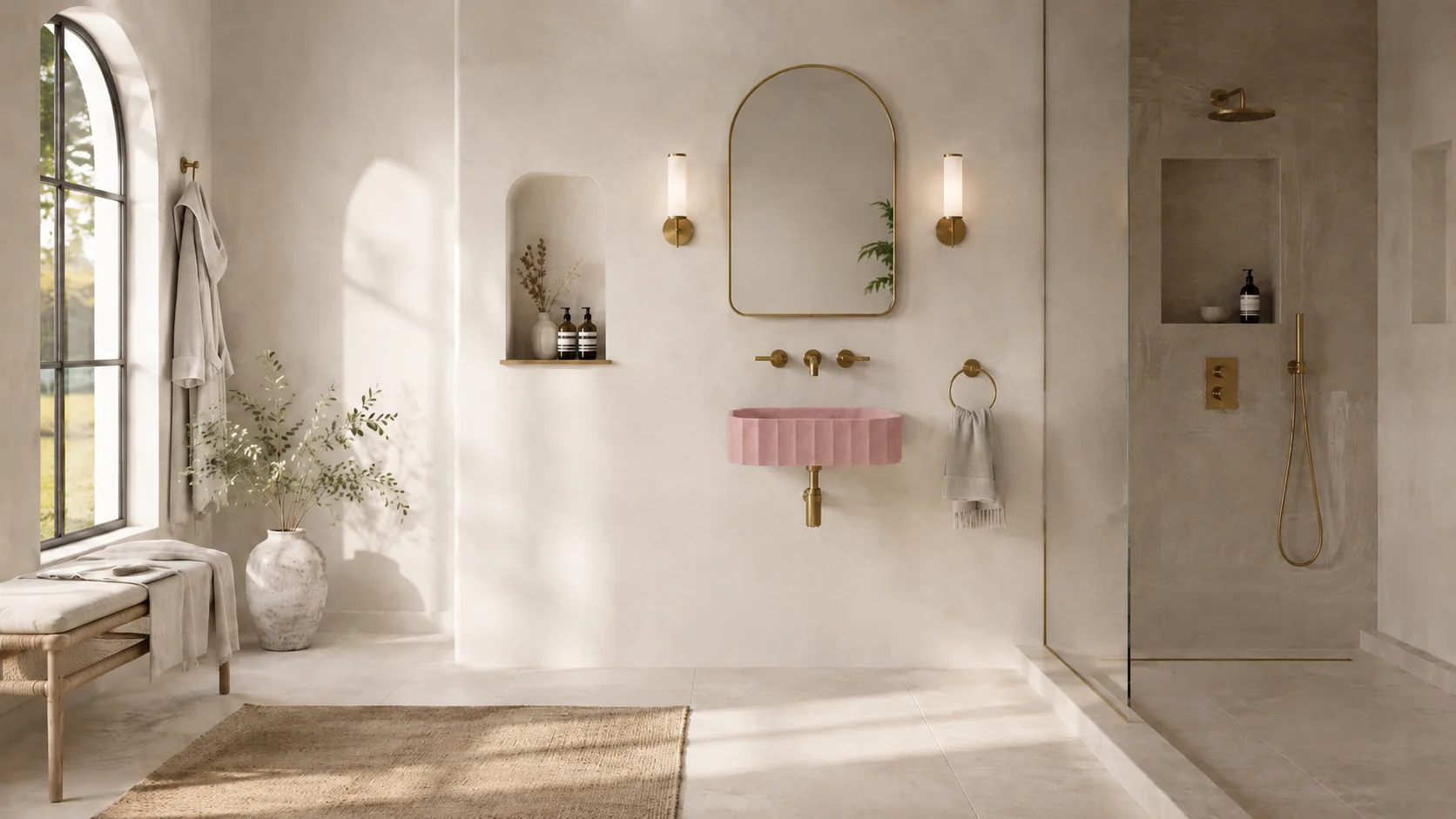 Blush pink Clio Rec wall-mounted concrete sink in a serene modern bathroom scene