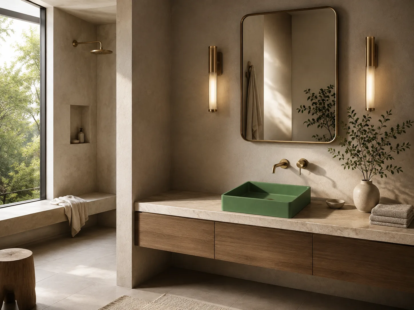 Sage green Lily Square concrete vessel sink on a stone vanity in a warm modern bathroom