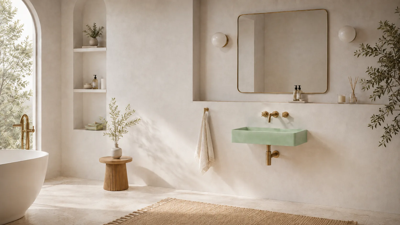 Mint green Lily Rectangle wall-mounted concrete sink in a serene modern bathroom