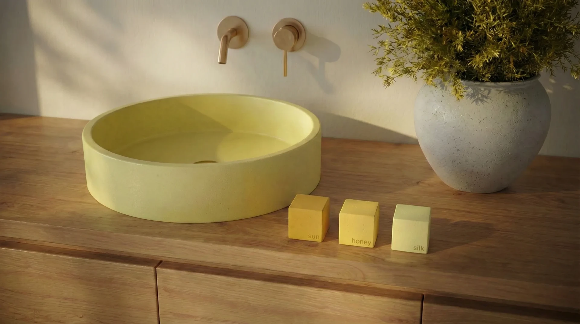 A range of concrete sink colour samples in a styled bathroom setting