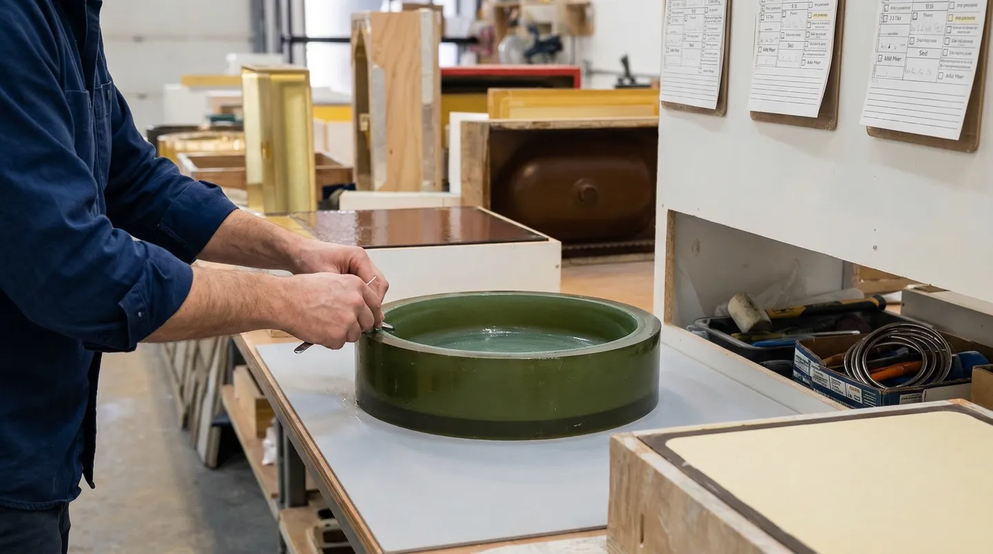 Crete Collective production facility in Edmonton — craftsman finishing a concrete sink