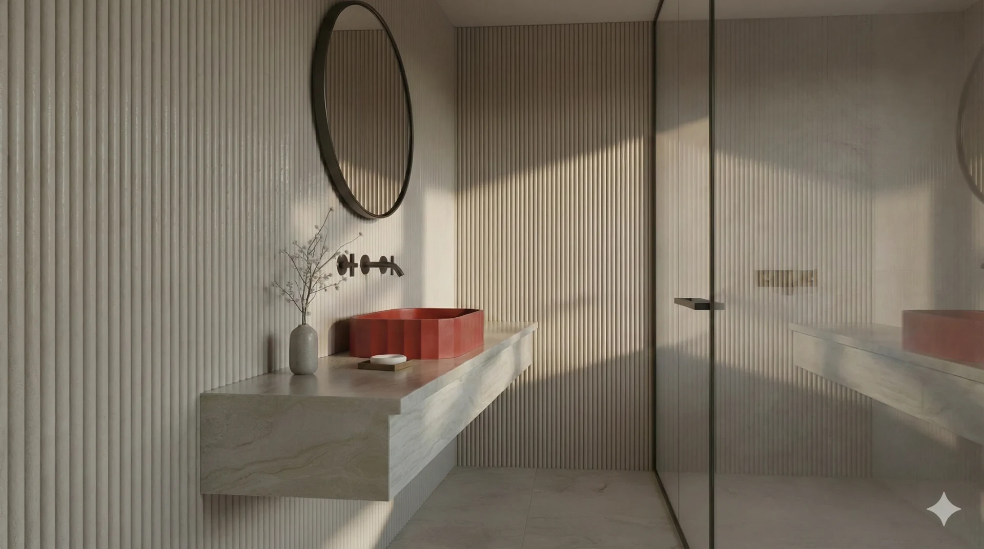 Concrete sink in architectural bathroom setting