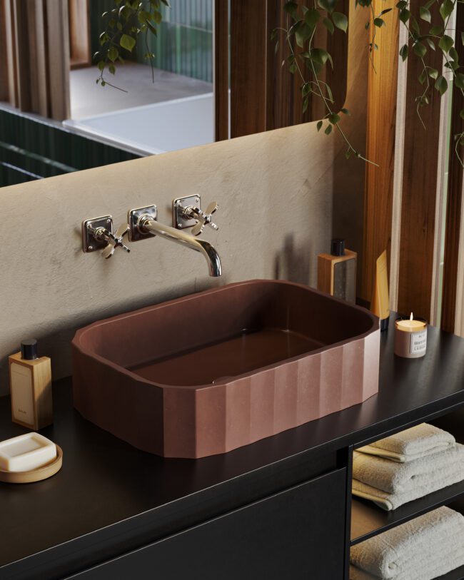 Clio Rec red terracotta concrete vessel sink by Crete Collective, scalloped rectangular bathroom sink
