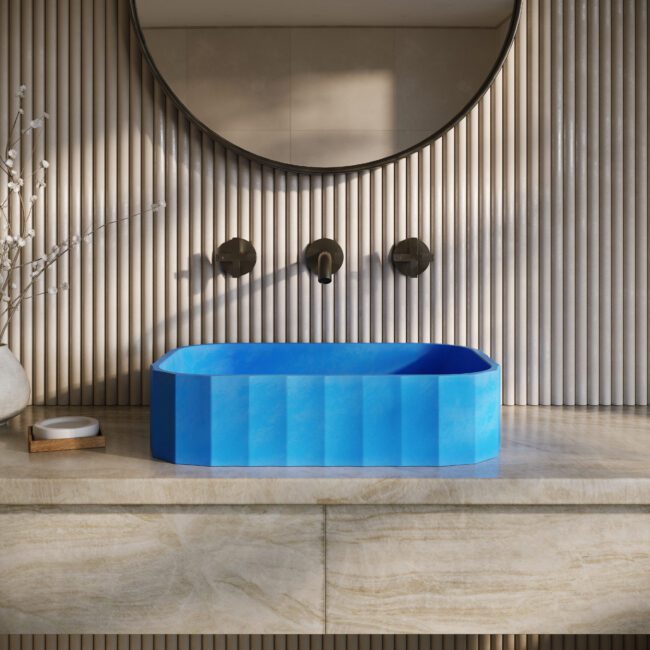 Clio Rec blue concrete vessel sink by Crete Collective, scalloped rectangular bathroom sink
