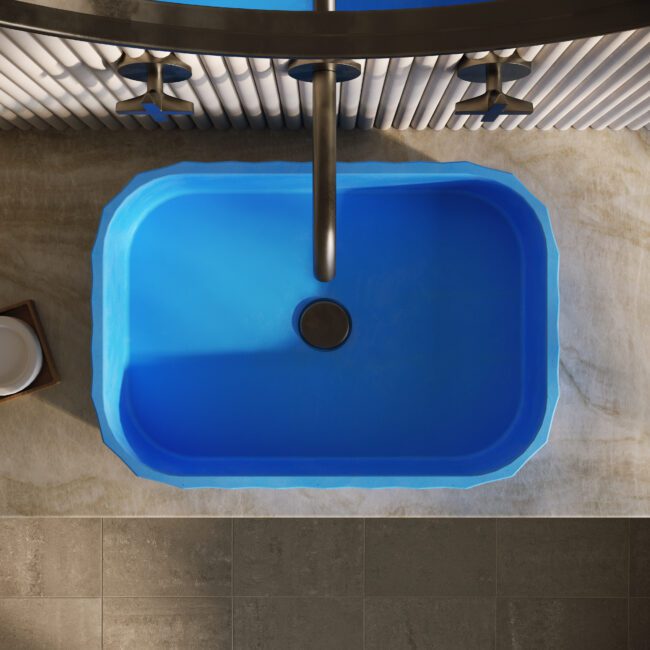 Clio Rec blue concrete vessel sink by Crete Collective, scalloped, rectangular bathroom sink