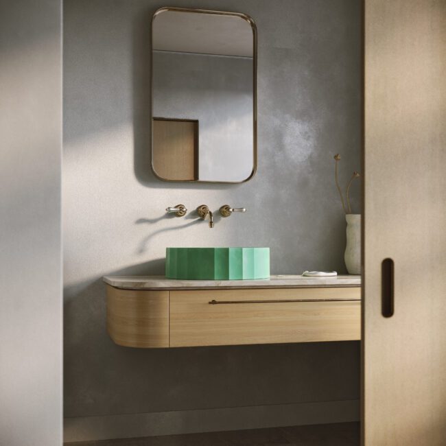 Clio Round green concrete vessel sink by Crete Collective, fluted circular bathroom sink
