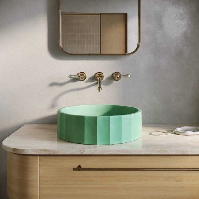Clio Round green concrete vessel sink by Crete Collective, fluted circular bathroom sink