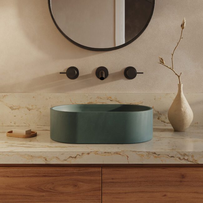 Elle green concrete vessel sink by Crete Collective, modern oval bathroom sink