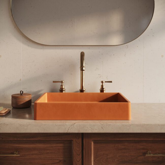 Lily Rec orange concrete vessel sink by Crete Collective, modern rectangular bathroom sink