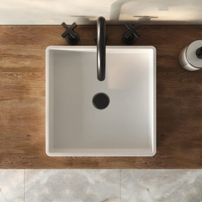 Lily Sq white concrete vessel sink by Crete Collective, modern square bathroom sink