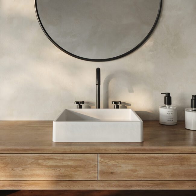 Lily Sq white concrete vessel sink by Crete Collective, modern square bathroom sink