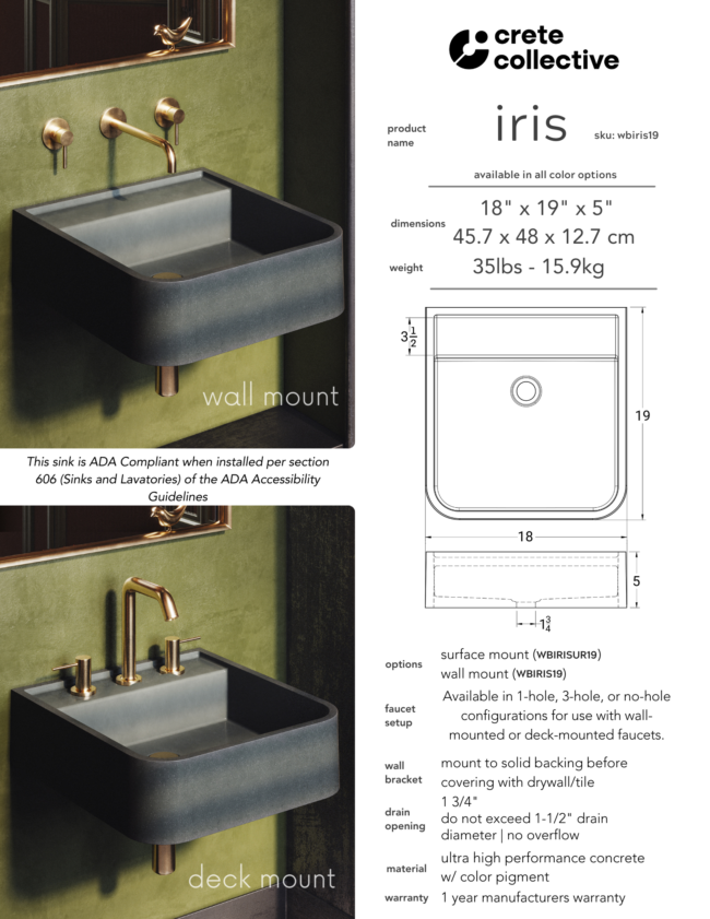 Iris ADA-compliant wall-mounted concrete sink spec sheet, featuring dimensions, weight, material details, and installation options for wall-mount and deck-mount configurations. Available in 30+ colors.